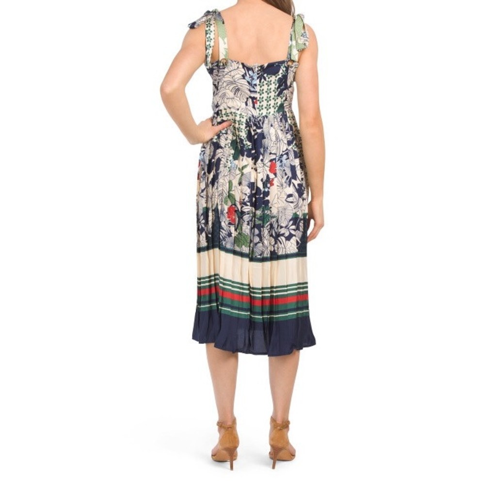 Dalia Macphee Floral Print Midi Dress Tie Shoulder Pleated Skirt XL